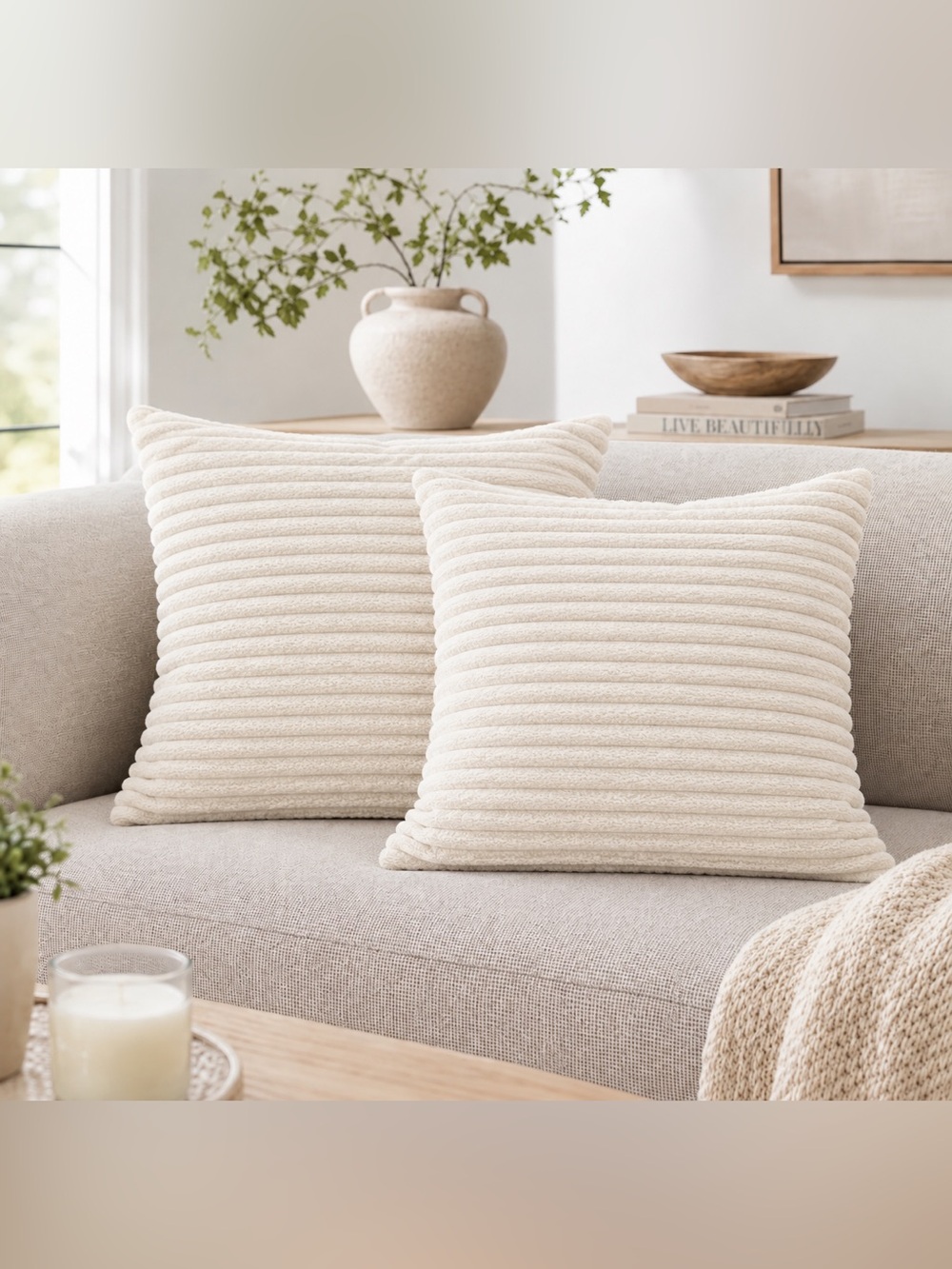 2 Pack Cream Striped Velvet Corduroy Pillow Covers 20x20 Hidden Zipper